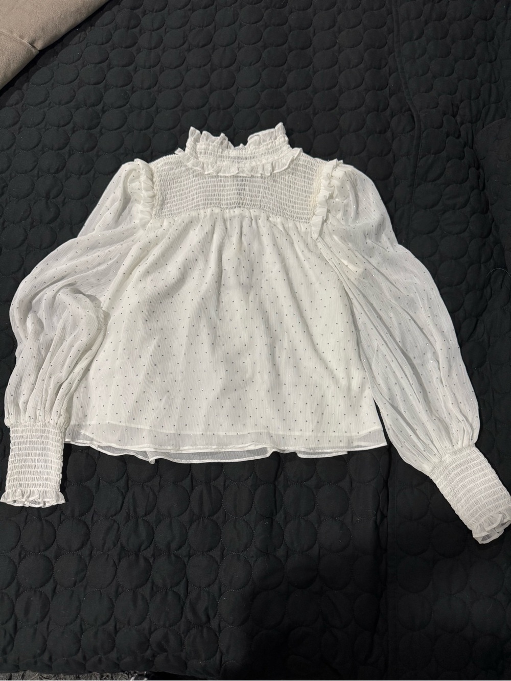 Elliatt White Ruffle-Neck Swiss Dot Blouse
